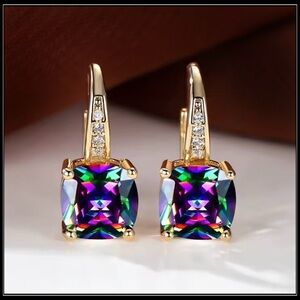 New Rainbow Mystic Topaz Cushion Cut Drop Earrings Gold w/ Pavé Accents